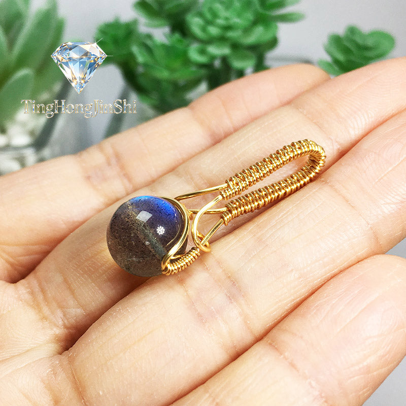 TingHongJingShi Handmade Labradorite Wire Wrap Pendant Necklace - Long & Short Version