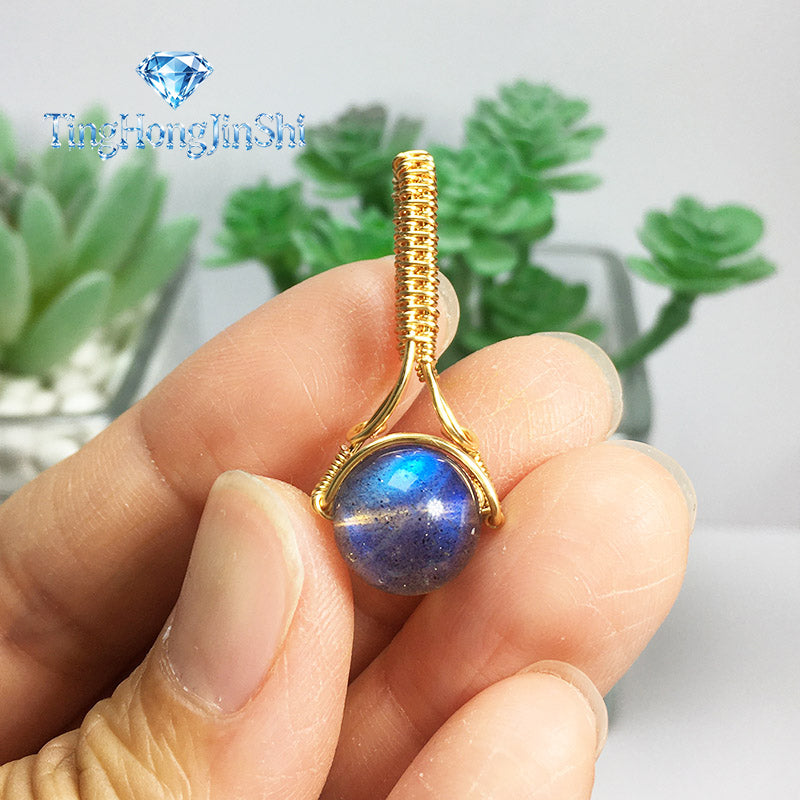 TingHongJingShi Handmade Labradorite Wire Wrap Pendant Necklace - Long & Short Version