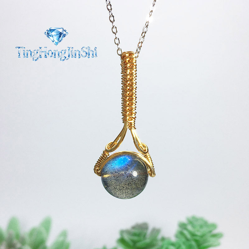 TingHongJingShi Handmade Labradorite Wire Wrap Pendant Necklace - Long & Short Version