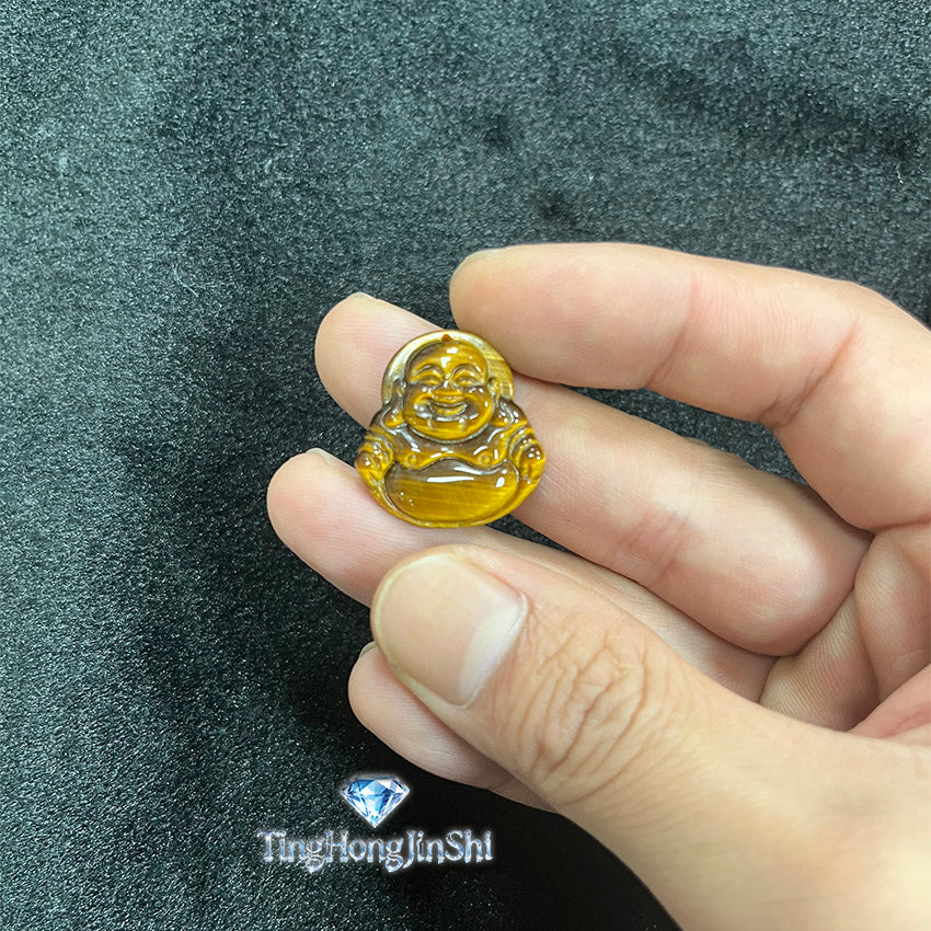 TingHongJingShi Natural Tiger Eye Laughing Buddha Pendant - Lucky Charm for Wealth & Protection
